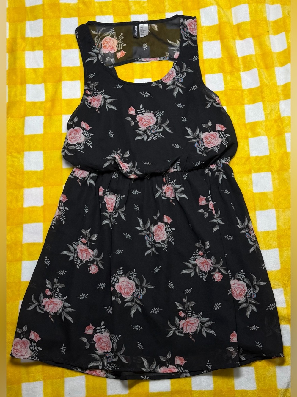 Black Floral Sleeveless Dress with Pink Roses